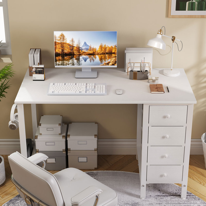 Computer Desk with 4 Drawers, Fabric Drawers Writing Desk, 29.5" H x 39.4" W x 19.7" D, White