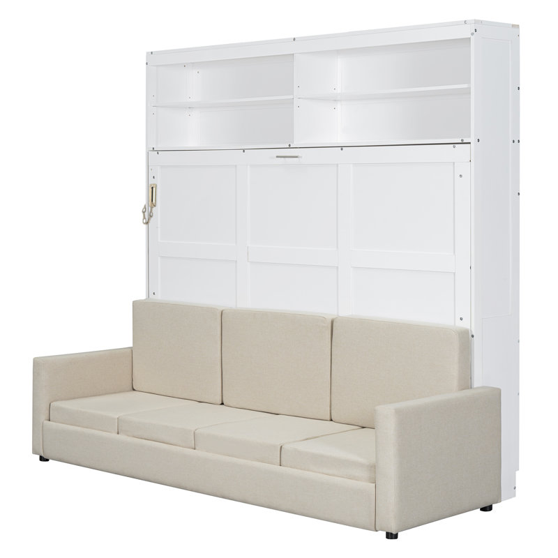 Grand lit escamotable avec canapé et tablettes, Blanc