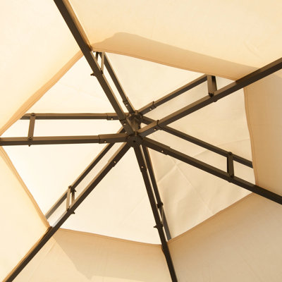 Abri de jardin beige pour patio - abri extérieur hexagonal à double toit avec filet et rideaux