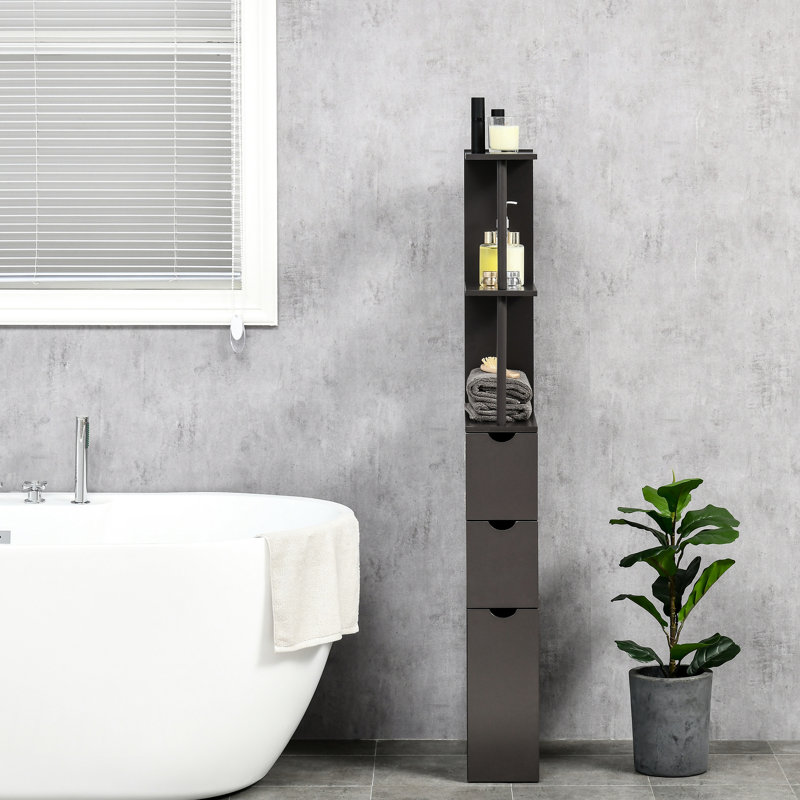 Meuble de salle de bain de 54 po, colonne de rangement autoportante avec 2 tablettes et tiroirs, rangement de sol étroit et peu encombrant, brun