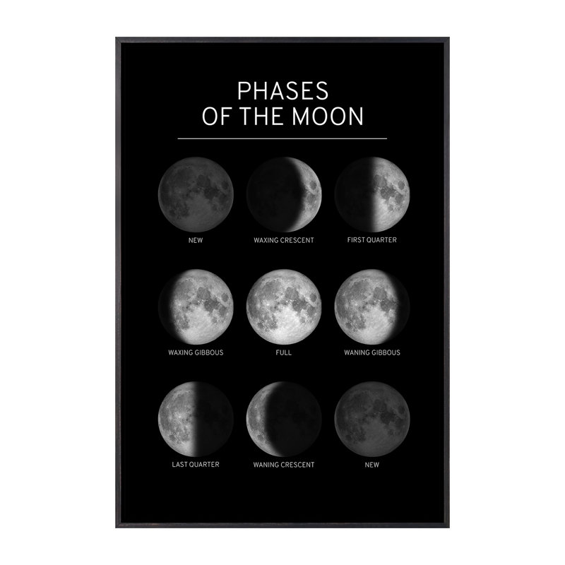 Phases de la lune - impression, Pas de tapis, Toile avec cadre noir patiné, H 40 po x l 26 po x P 1,5 po