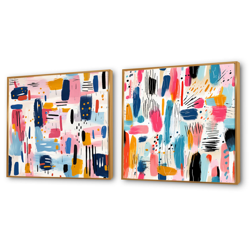 Paint Stripes Playfull Harmony - Ensemble de 2 collages carrés abstraits, H 16 po x l 33 po, Cadre flottant doré