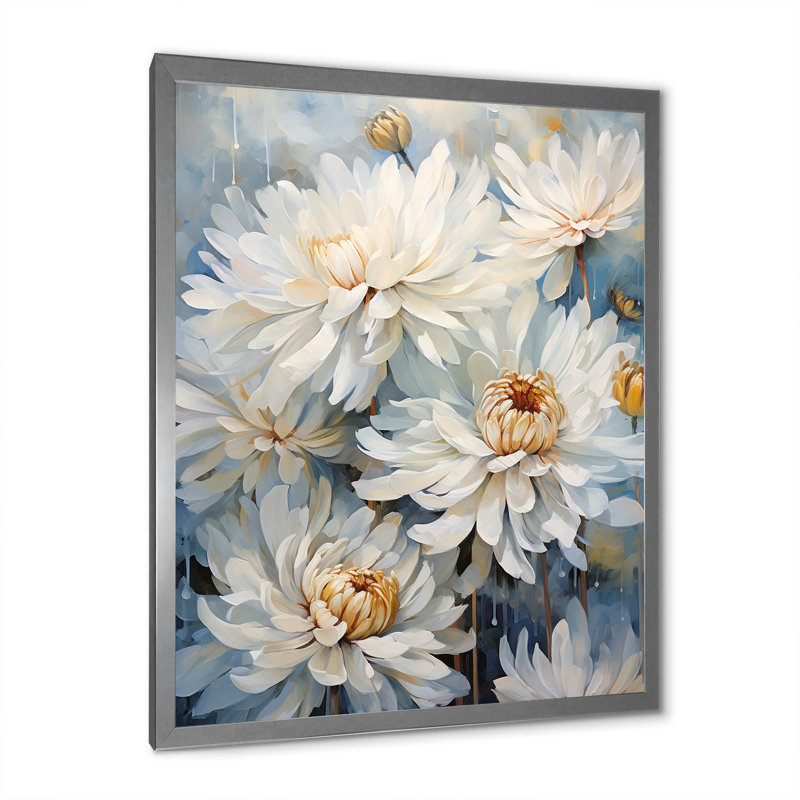 «White and Blue Chrysanthemums V» sur impression sur toile, Silver Picture Framed, 44" H x 34" W