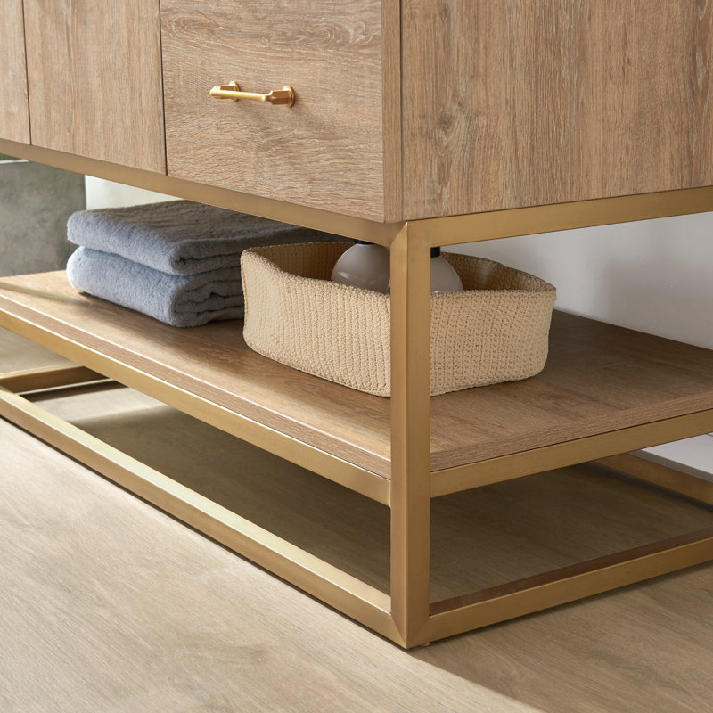 Alistair 42'' Single Bathroom Vanity with Engineered Stone Top, Gold, Natural Oak