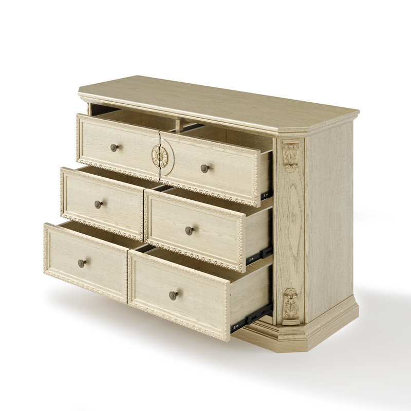Commode 6 tiroirs l 41,7 po - Structure en bois massif, accents sculptés en résine, finition dorée irisée