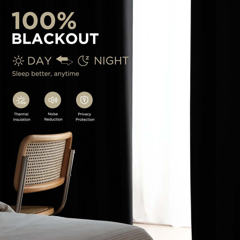 Thermal Insulated Faux Linen Textured 100% Blackout Curtains for Bedroom Rod Pocket & Back Tabs (Set of 2), Black
