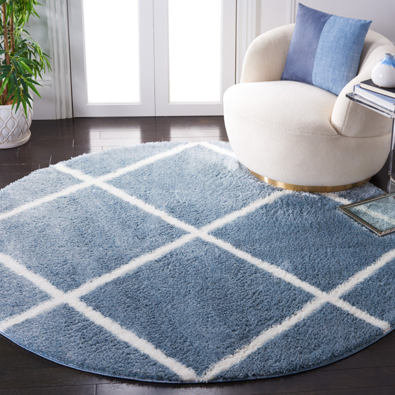 Geometric Blue/White Area Rug, Round 6'7"
