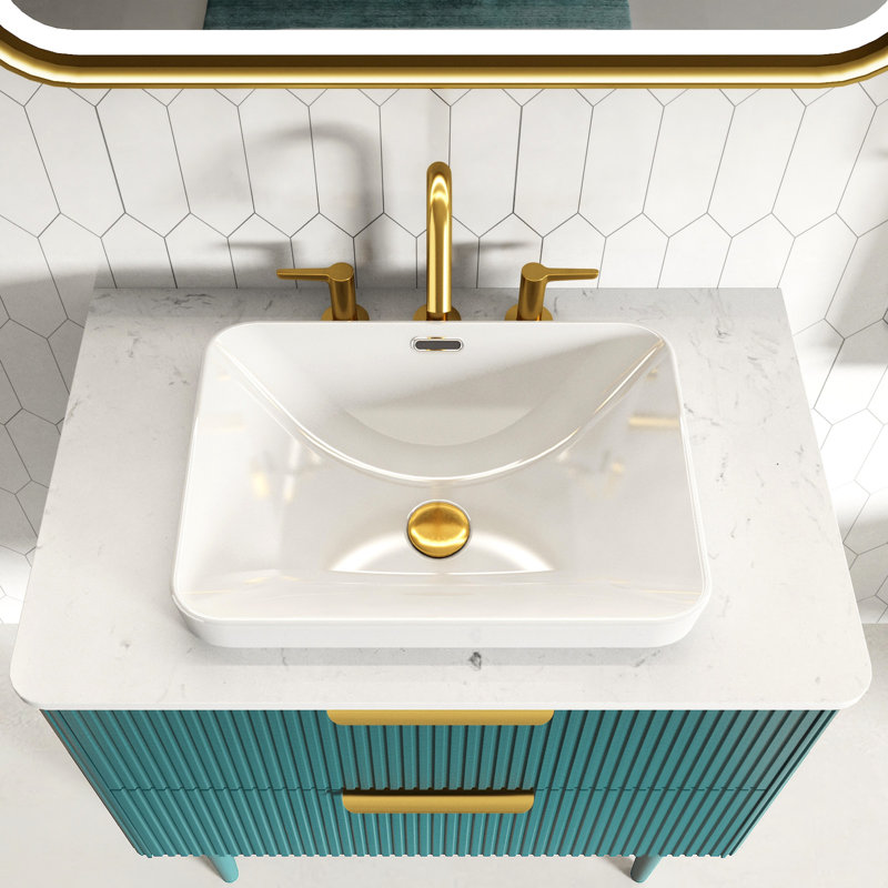 Évier encastré en céramique blanc brillant exquis, hauteur de 6,68 po, rayé, style encombrement moderne, largeur de lustre 14,64 po, design