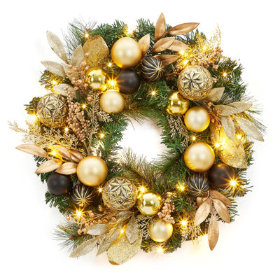 Couronne de Noël artificielle 22 pouces, guirlande lumineuse illuminée avec boules de Noël