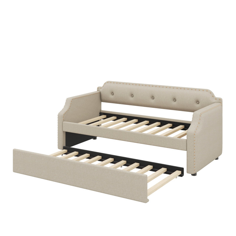 Twin Fabric-Covered Daybed With Pull-Out Trundle, Beige