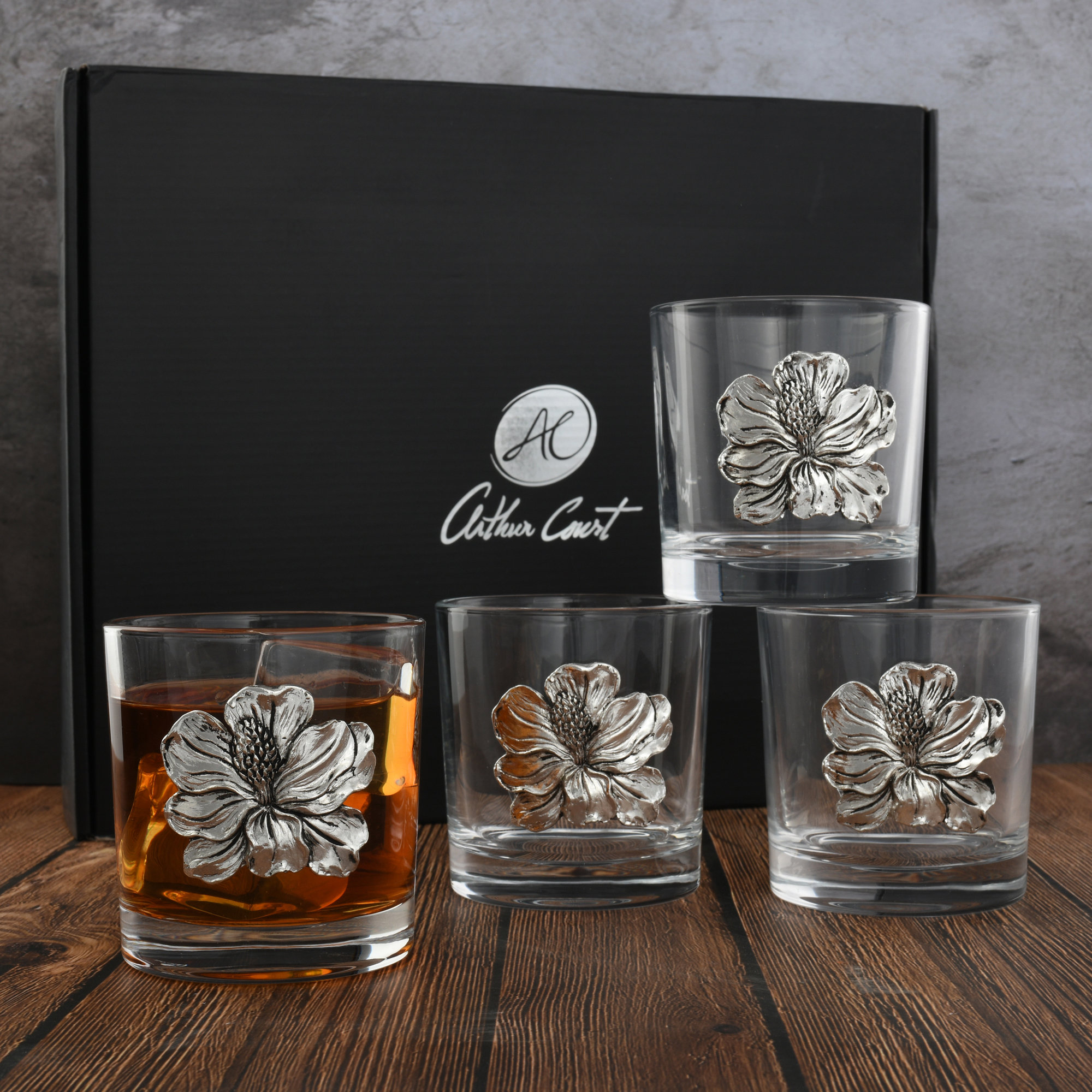 Arthur Court Designs 4 - Piece 12oz. Magnolia Whiskey Glass Glassware Set (Set of 4)