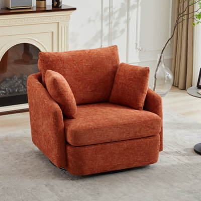 Fauteuil d'appoint surdimensionné de 40,55 po avec 2 coussins Thorw et pivotant sur 360 degrés. Fauteuil club surdimensionné de style moderne pour chambre à coucher, salon, hôtel, chenille orange
