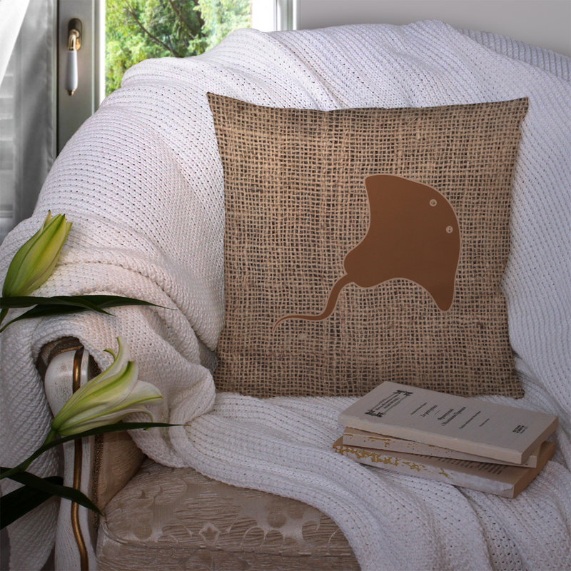 Coussin décoratif intérieur/extérieur en toile jute Stingray, H 18 po x l 18 po x P 5,5 po, Brun