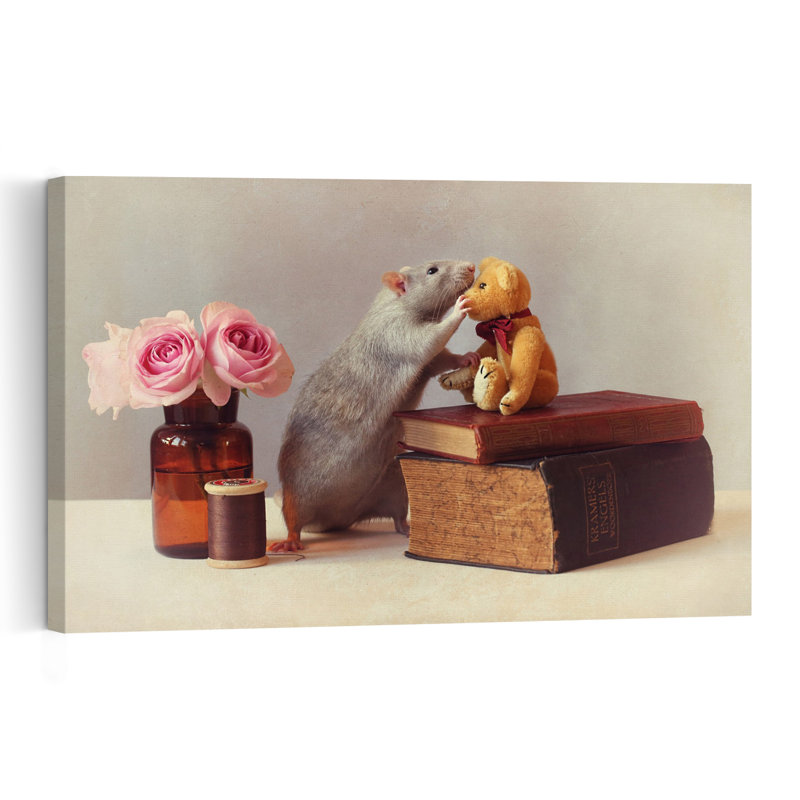 Curious Rat And Teddy Rustic Vintage Whimsical Bear Rose Animal Nature Wall Art Print - Print, 40.64cm H x 60.96cm W