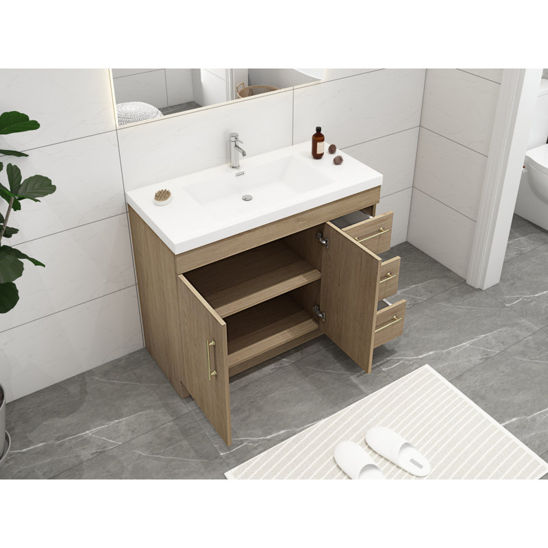 Carliss 42'' Single Bathroom Vanity with Acrylic Top, White/Oak, Gold
