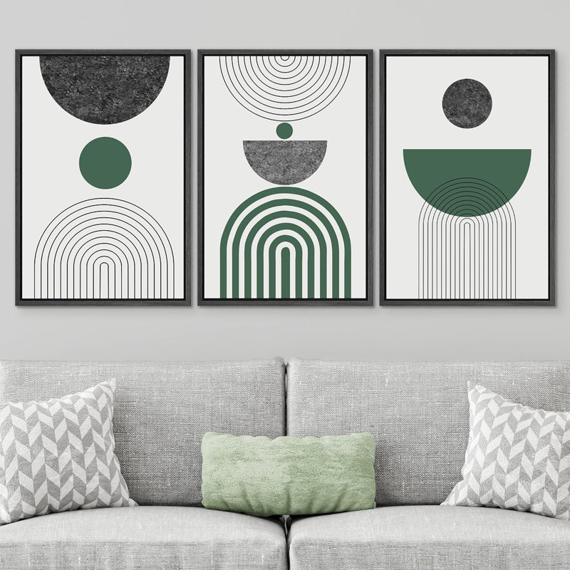 «Mid Century Modern Boho Green Abstract», reproduction sur toile 3 pièces, Noir, H 24 po x l 48 po x P 1,5 po