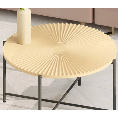 Radial Pattern 2-Piece Coffee and End Table Set – Waterproof MDF with PVC Cover, Distressed Cylindrical Design, Black Metal Legs – Classic Rustic Charm, Red Cedar-Brown