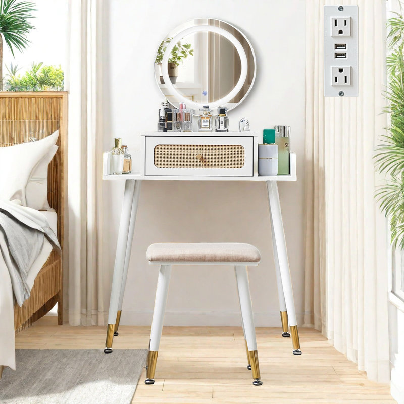 Ridaa Small Makeup Vanity Table Set with 3 Modes Brightness Adjustable Lighted Mirror, Compact Vanity Desk with Charging Station & Cushioned Stool, Dressing Table for Bedroom Apartment with Storage Drawer, for Kid Gift