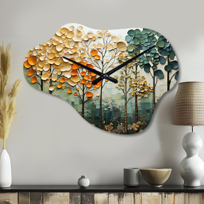 Orange Green Trees Canopy Patchwork I - Trees Cloud Metal Wall Clock, Traditional Asymmetrical Wall Clock Print