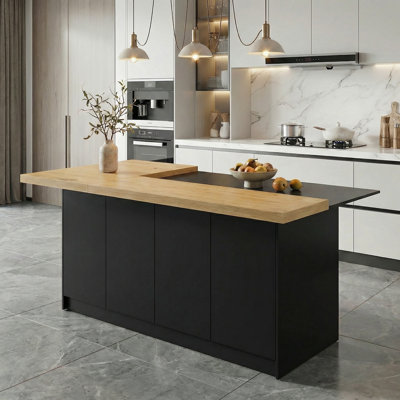 L-Shaped Kitchen Island With 2" Thick Oak-Top, 4-Sided Seating, Dual-Door Storage & Adjustable Shelves