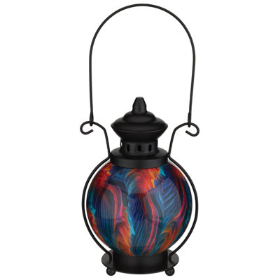 14.5 Inch Glass and Metal Swirl LED Solar Powered Outdoor Lantern with Decorative Hanging Hook and Rechargeable Battery - Multi