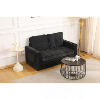 Black 55" 3‑Fold Convertible Sleeper Futon Sofa Bed, Velvet‑Linen Couch for Small Space Living Room Office