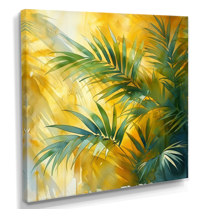 Jaune jaune vert palmiers Frond Dance II - palmiers et palmiers, art mural salon, Toile tendue, H 16 po x l 16 po