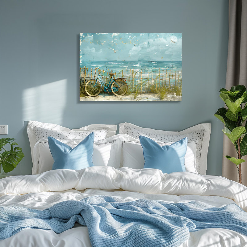 Plage, balade à vélo - paysage côtier délavé, impression sur toile tendue, 20" H x 30" W