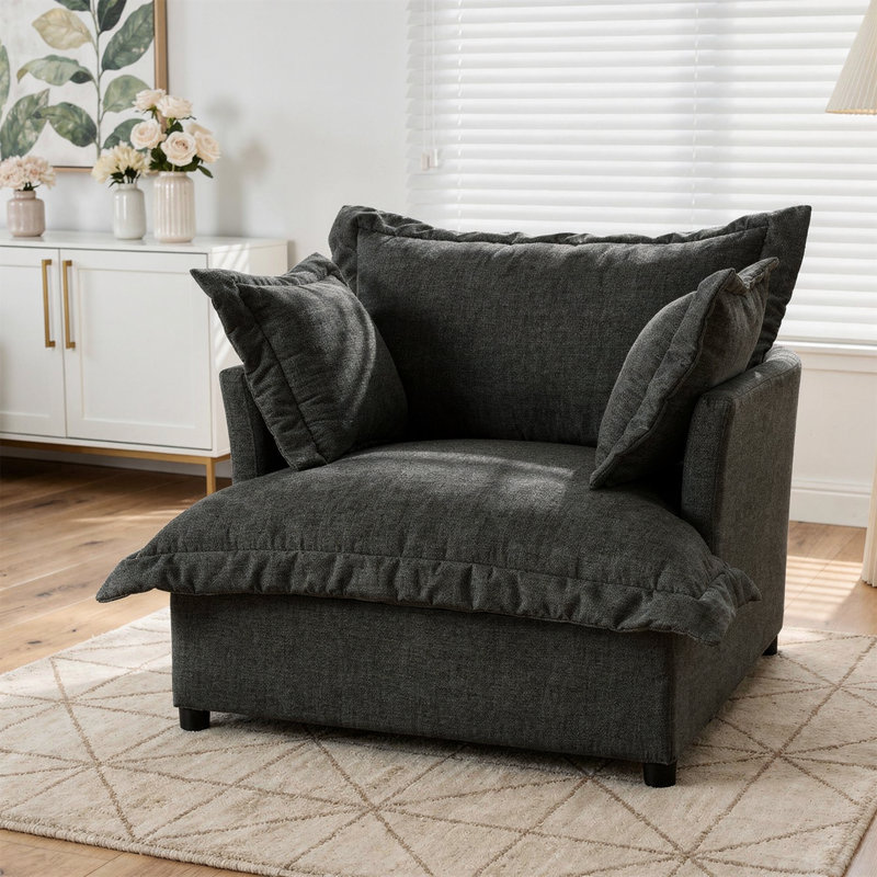Plush Dark Gray Upholstered Chenille Accent Chair with Oversized Cloud Cushions, Dark Gray