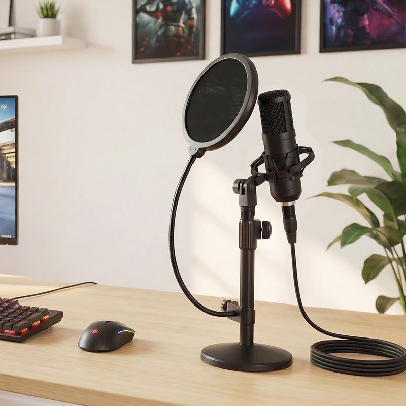  Desktop Microphone Stand Adjustable Mic Clip Desk Pop Filter Shock Mount