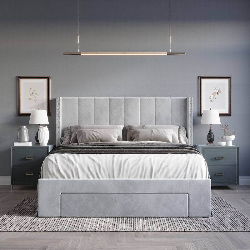 Georgia-Lee Upholstered Wingback Storage Bed, Full/Double, Silver Gray