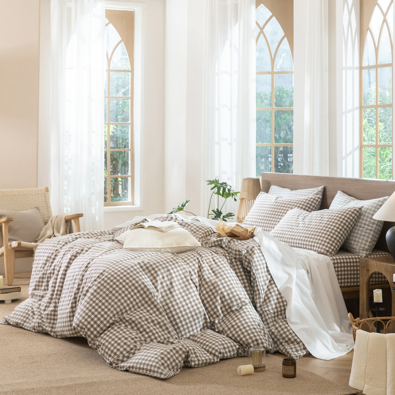 Ensemble de housse de couette en vichy Moomee 100% coton délavé, Housse de couette pour très grand lit et 2 taies , Brun