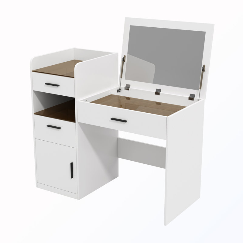 Bureau de coiffeuse 3-en-1 avec miroir rabattable et plateau en verre