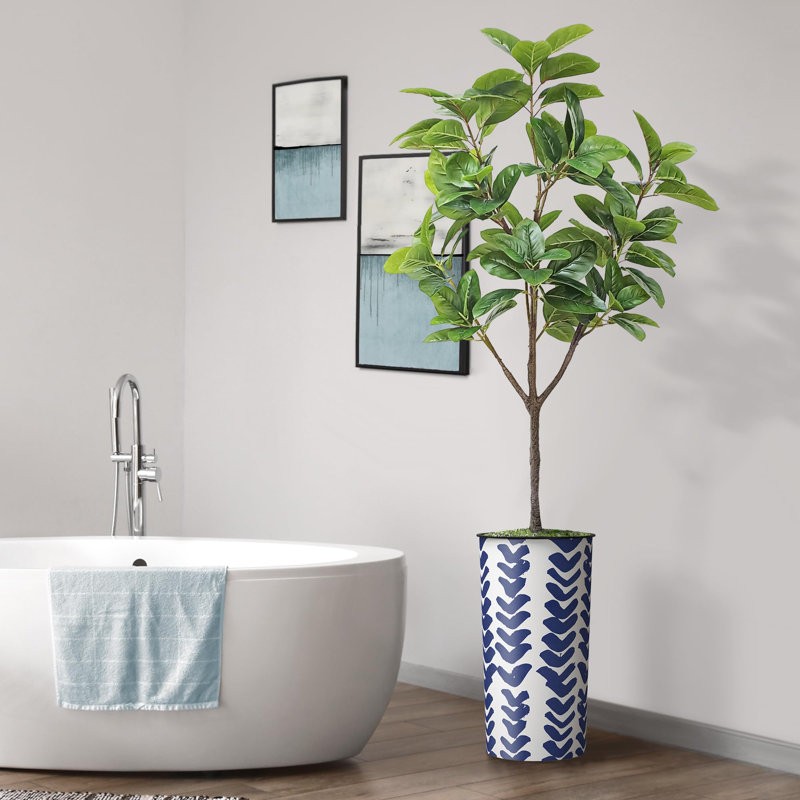 Artificial Tree in Modern Geometric Pattern Planter Fake Rubber Silk Tree (Plant Pot Plus Tree), Tick Blue