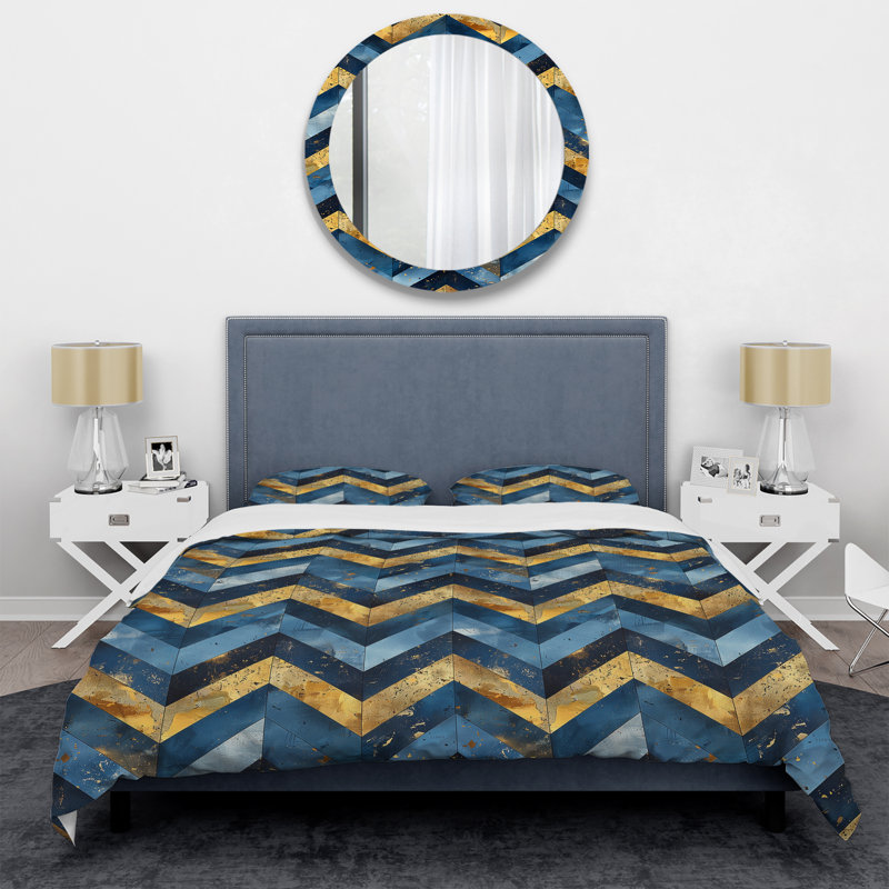 Ensemble de housse de couette à chevrons bleu doré et bleu Glam III, Housse de couette très grand + 2 taies décorativ