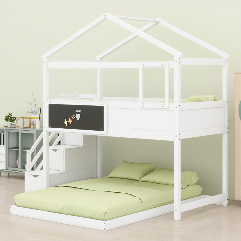 House Bunk Bed With Storage Staircase And Blackboard, White