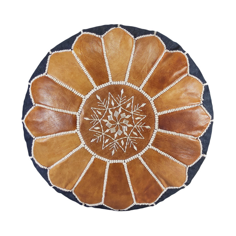 Leather Pouf, Brown/Blue Genuine Leather