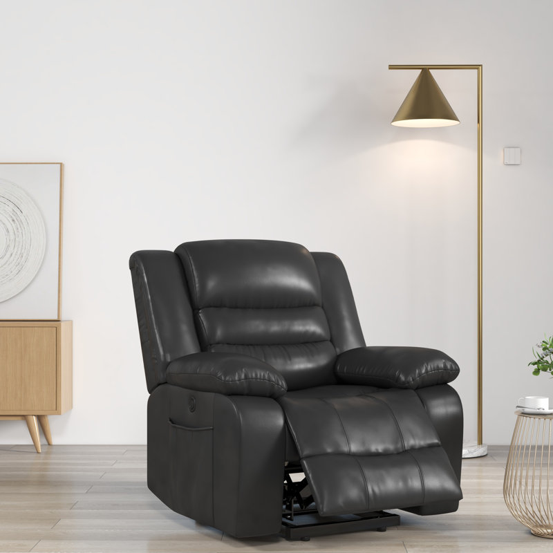 Fauteuil inclinable électrique en similicuir de 38,2 po Serlin pour personnes âgées avec poche latérale et télécommande, Noir