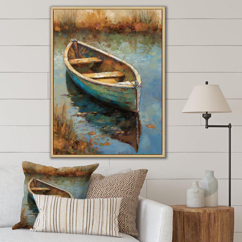 «Lake Serenity Dinghy Boat Resting On The Water I», art mural Lakehouse, Cadre flottant érable, H 20 po x l 12 po x P 1 po