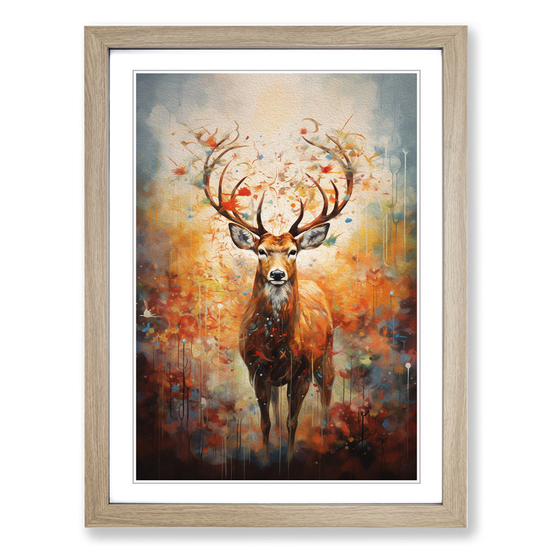 Deer Modern - Single Picture Frame Print on Wood, Oak Framed, 34cm H x 25cm W