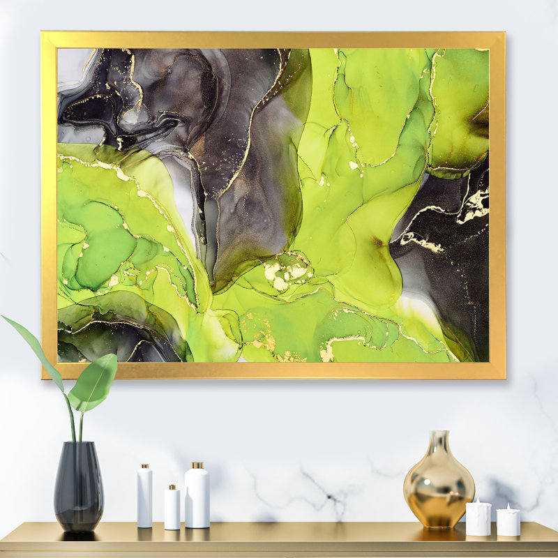 «Green and Black Luxury Abstract Fluid Art I», peinture sur toile, H 30 po x l 40 po x P 1,5 po, Encadrement doré