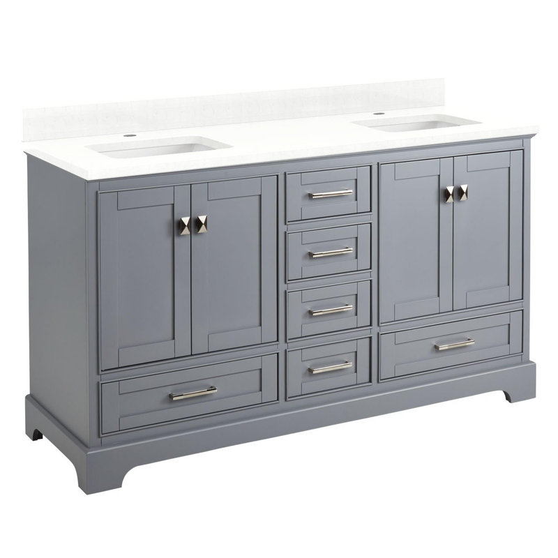 Quen 60" Freestanding Double Basin Vanity Set with Cabinet, Vanity Topss, Gray, Single Hole, Feathered White Quartz