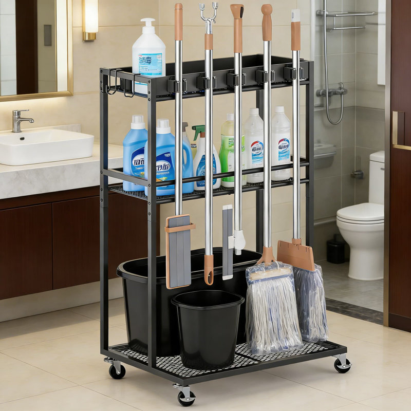 All-In-One Cleaning Cart With Broom Holder And Storage Shelves, Freestanding Janitorial Organizer With Wheels For Laundry Room, Kitchen, Bathroom And Utility Closet