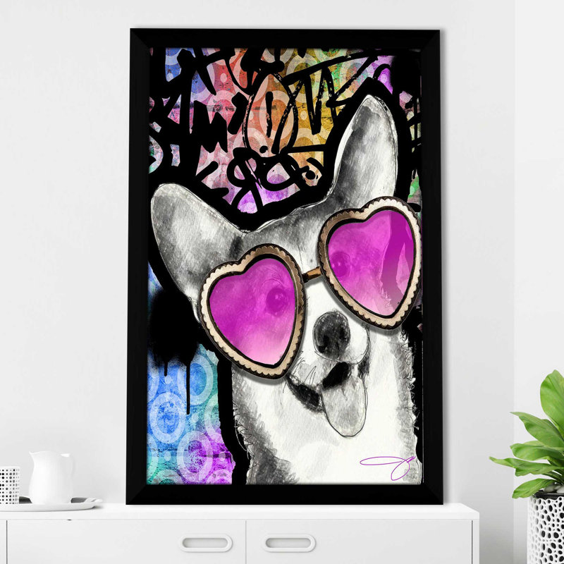 Corgi (vertical) - Impression sur bois, Cadre noir, H 39,5 po x l 27,5 po x P 0,75 po