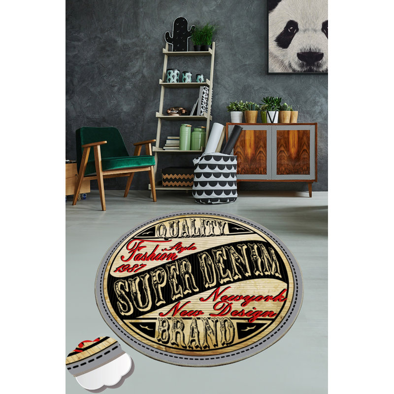 Tapis rond beige / noir / rouge en velours / polyester Babineaux, Rond 6 pi 7 po