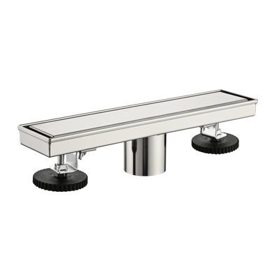 Caniveau de douche linéaire, 30,5 cm (12 po), acier inoxydable, nickel brossé, avec pattes de nivellement et bride.