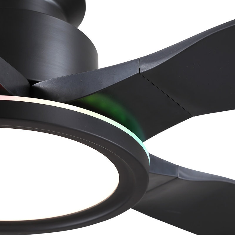 52" Black Low Profile Flush Mount Ceiling Fan With RGB Ring Light, Black with Black Blades