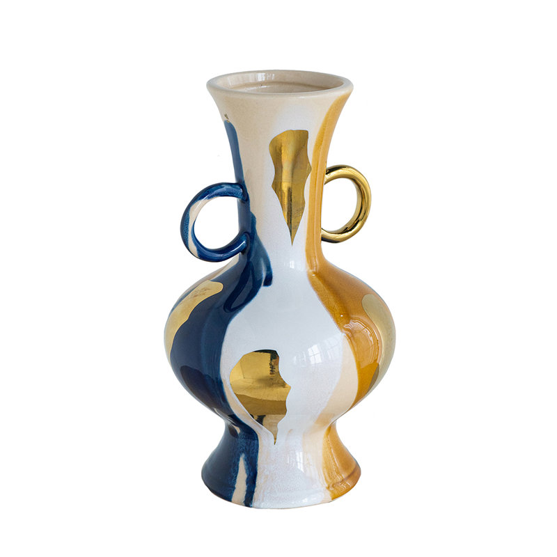 Vase rond en céramique avec finition abstraite multicolore et petites poignées, Jaune / Blanc