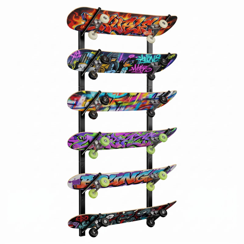 Support mural pour planche à roulettes, support de support mural pour planche à roulettes, support à ski mural pour planche à neige, support de longboard pour terrasse (6 couches)
