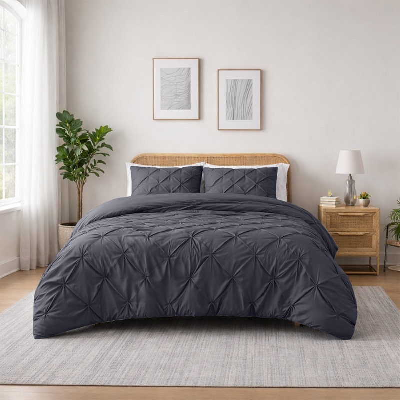 Microfiber Pintuck Duvet Cover Set – 2 Pillowcases, Grey, Single Duvet Cover + 1 Standard Pillowcase